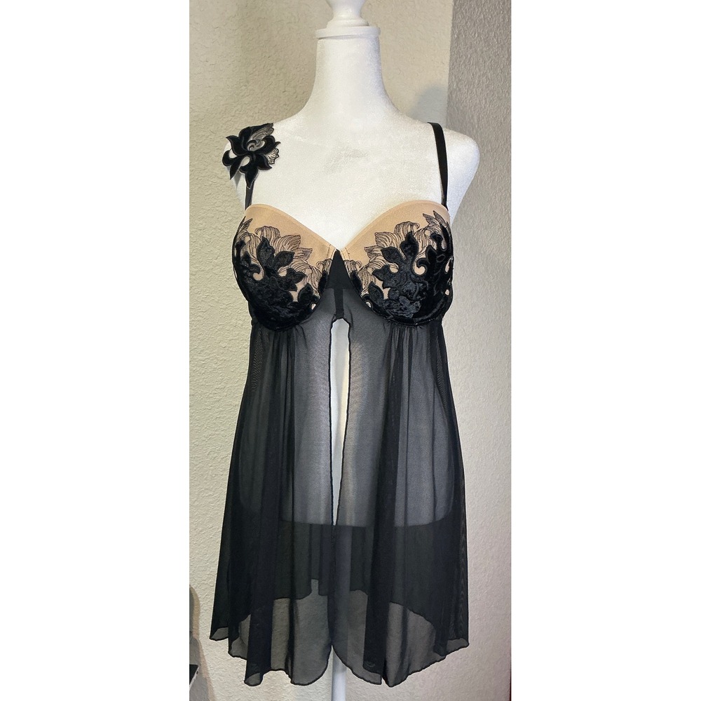 Figleaves Curve Black Tan Embroidered Underwire Babydoll Chemise 40C Lingerie